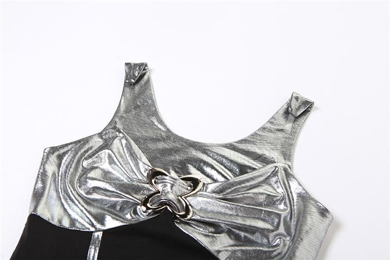 Mesh v neck drawstring buckle ruched metal mini dress - View 6