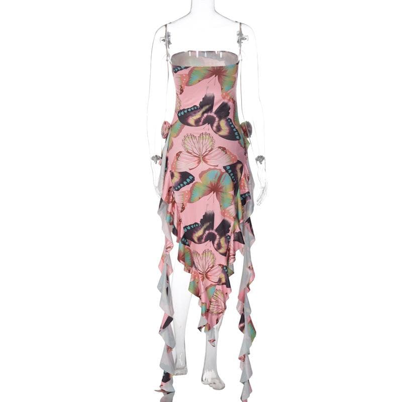 Butterfly print ruffle ribbon flower applique contrast maxi dress - View 6