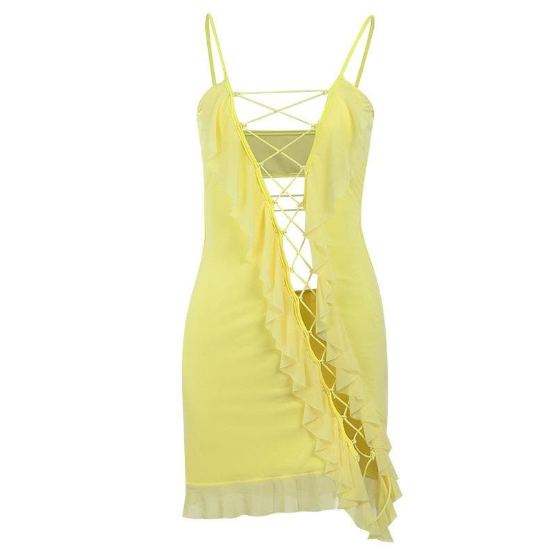 Lace up ruffle hollow out backless cami mini dress - View 4