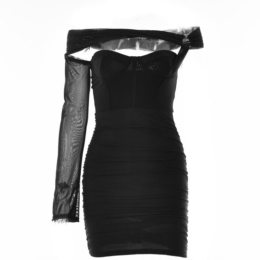 Solid one shoulder o ring hollow out mesh backless mini dress - View 8
