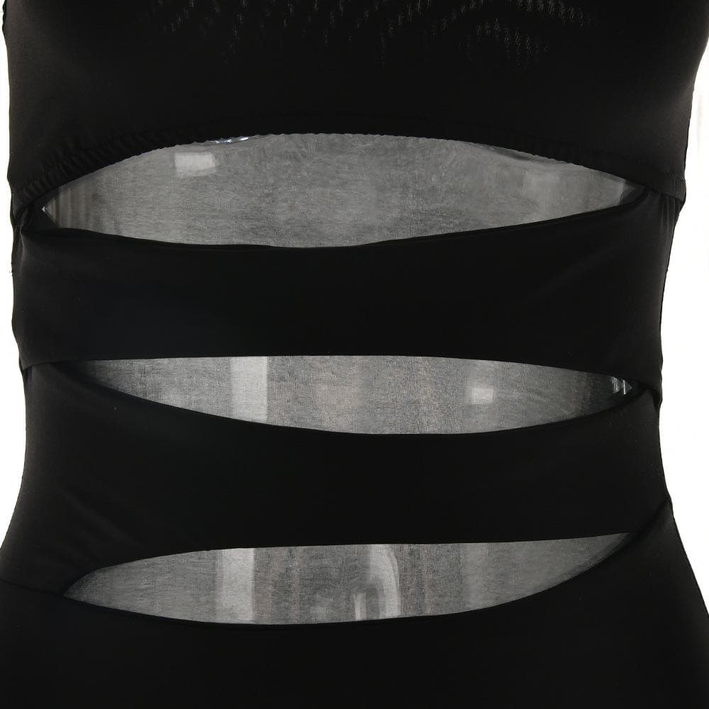 Hollow out mesh solid slit sleeveless one shoulder midi dress - View 4