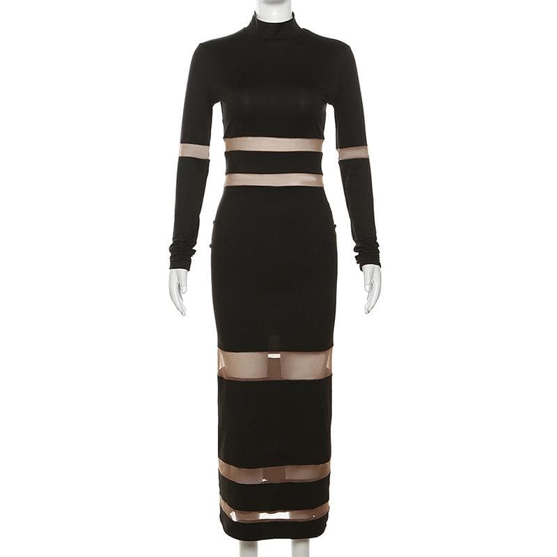 Patchwork mesh contrast long sleeve high neck maxi dress - View 3