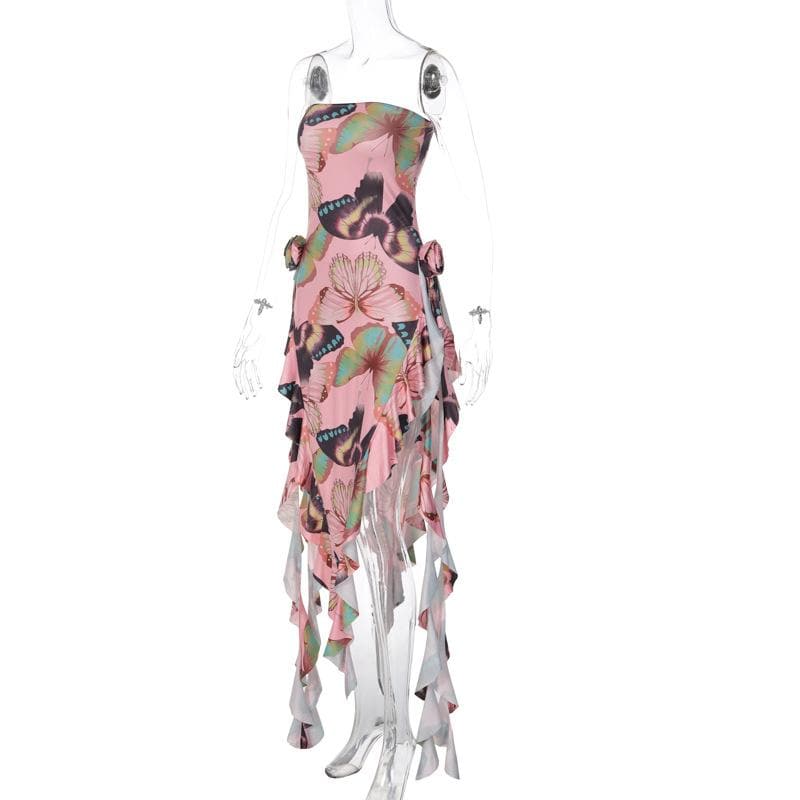 Butterfly print ruffle ribbon flower applique contrast maxi dress - View 5