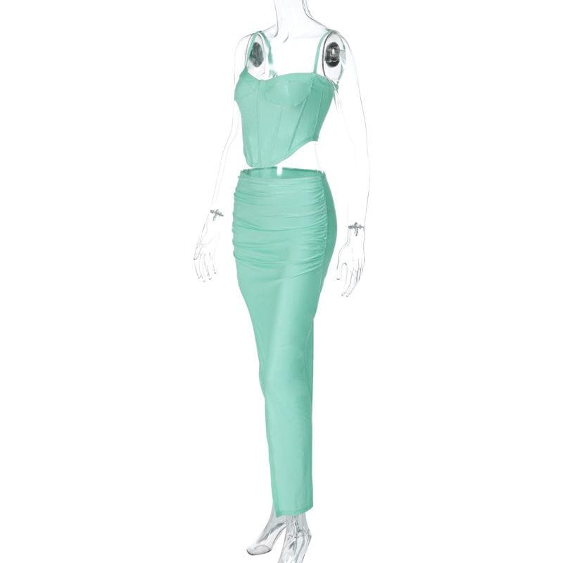 Low Cut Corset Ruched Backless High Split Maxi Dress - View 5