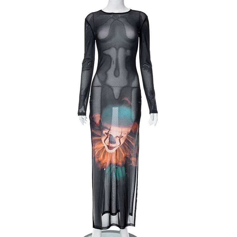 Joker pattern long sleeve sheer mesh see through slit maxi dress - View 9