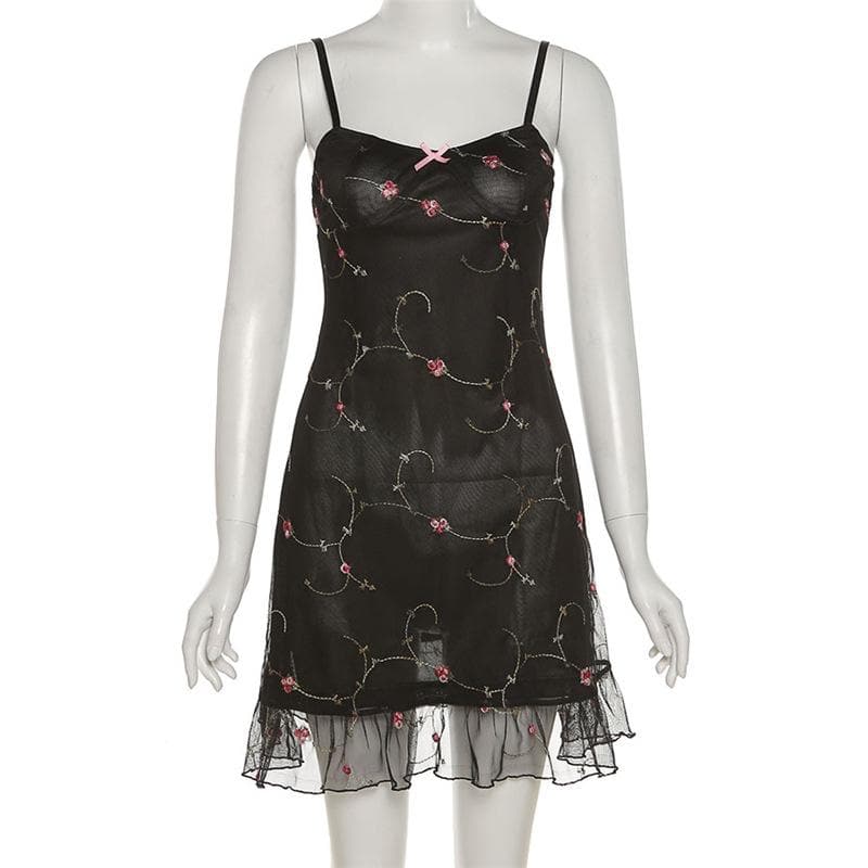 Satin Floral Embroidery Sweetheart Spaghetti Strap Mini Dress - View 8