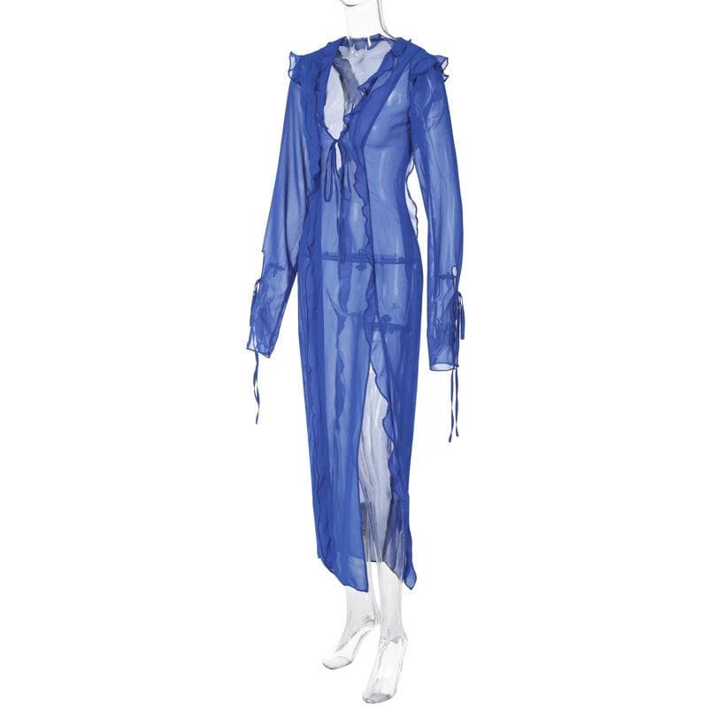 Slit chiffon see through long sleeve v neck self tie maxi dress - View 8