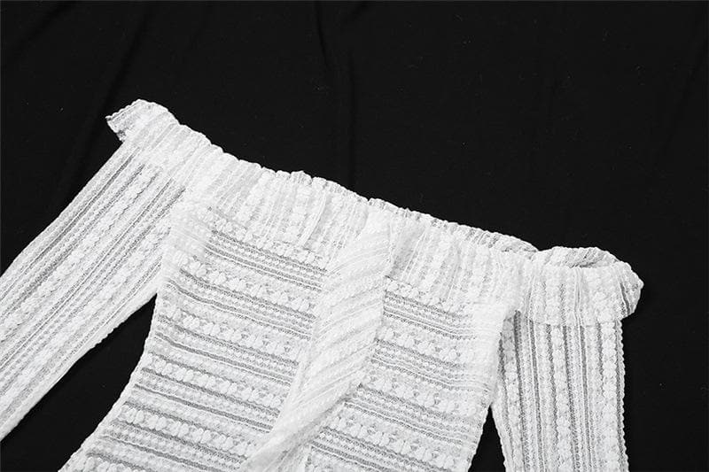 Lace see through off shoulder ruffle long sleeve solid mini dress - View 5