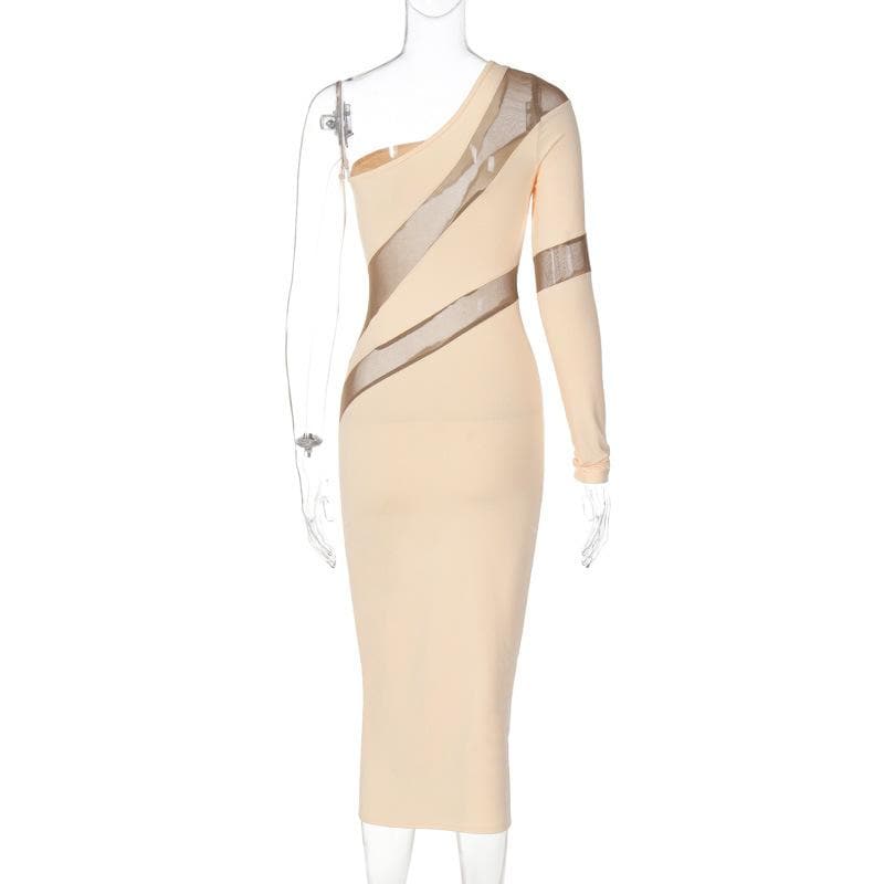 Long sleeve mesh backless one shoulder midi dress - View 6