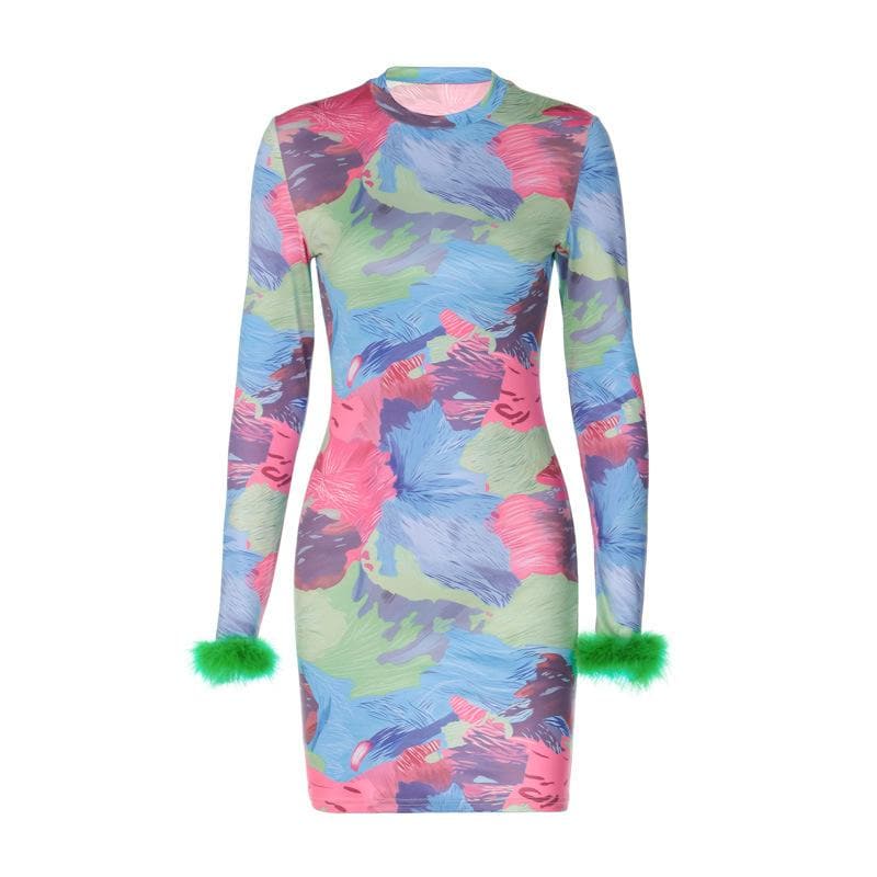 Feather crewneck contrast print long sleeve mini dress - View 2