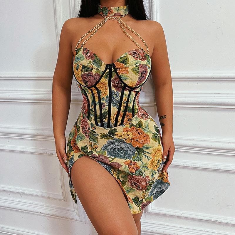 Floral Halter Neck Corset High Split Mini Dress - View 3