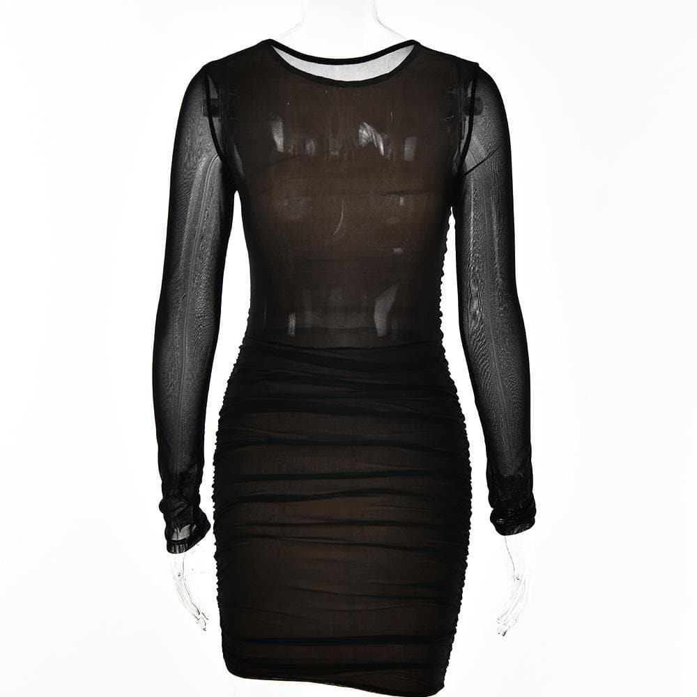 Mesh long sleeve solid ruched crewneck mini dress - View 5