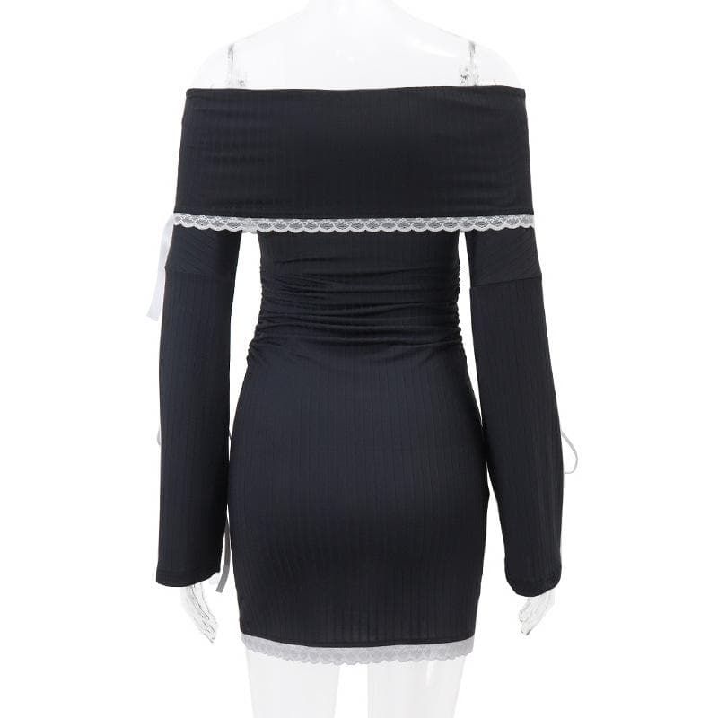 Off shoulder long sleeve lace hem bowknot mini dress - View 4