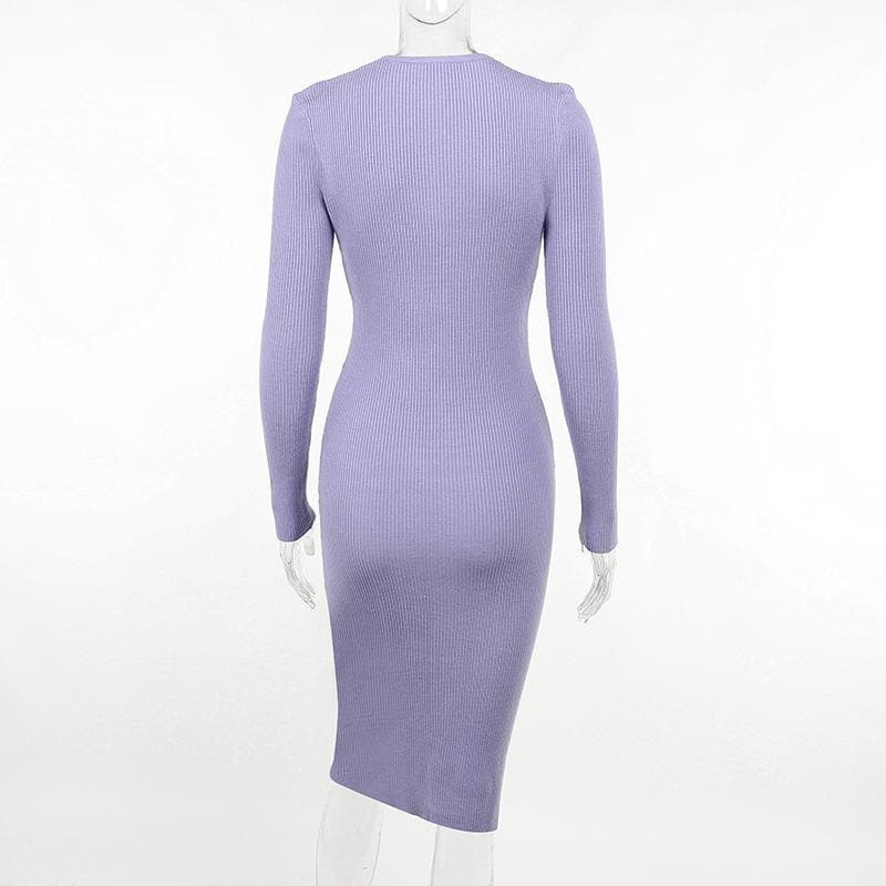 Lace up solid ribbed long sleeve notch neck mini dress - View 4