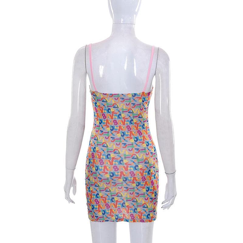 Mesh letter print contrast square neck backless cami mini dress - View 4