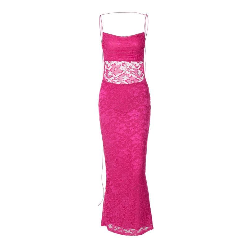 Lace solid square neck ruched spaghetti strap backless maxi dress - View 2