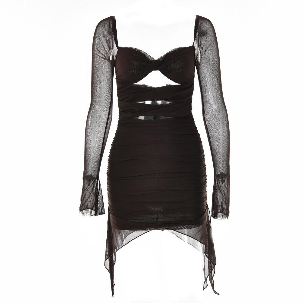 Long sleeve solid hollow out slit mesh ruched zip-up mini dress - View 9