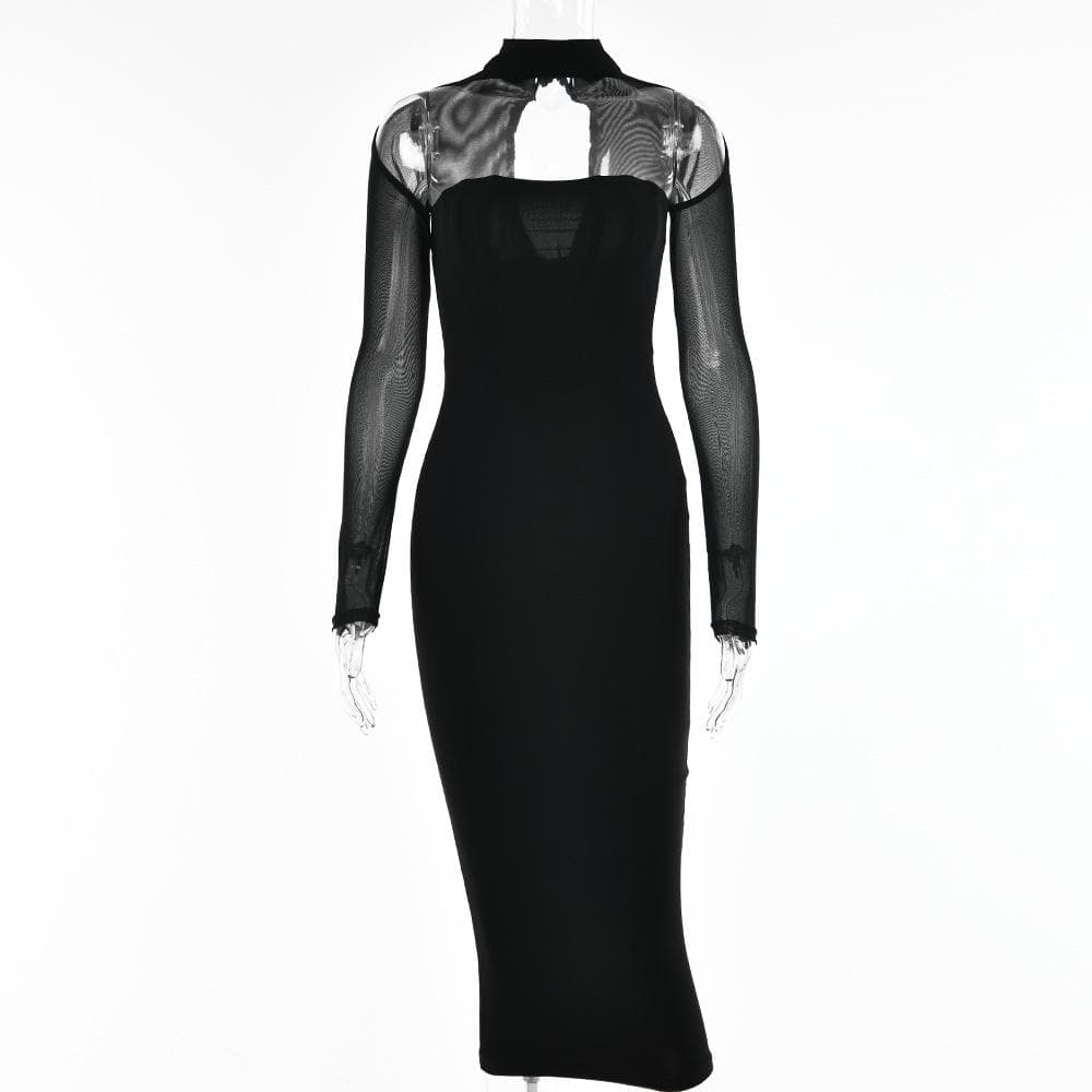 Sheer Mesh Long Sleeve Choker Strapless Bodycon Midi Dress - View 3
