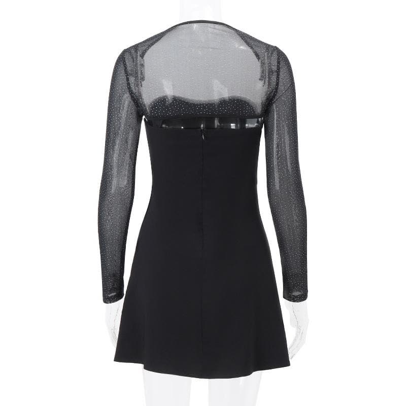 Long sleeve bowknot mesh shrug slit zip-up glitter 2 piece mini dress - View 4
