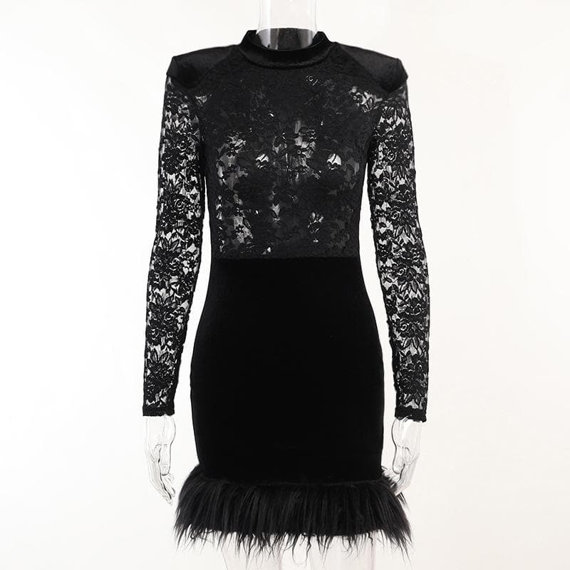 Lace solid see through long sleeve furry mini dress - View 2