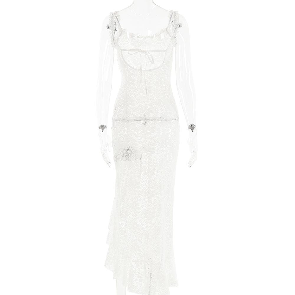 Lace see through self tie solid backless slit maxi dress - View 4