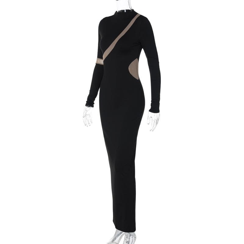 Contrast irregular mesh patchwork long sleeve slit maxi dress - View 3