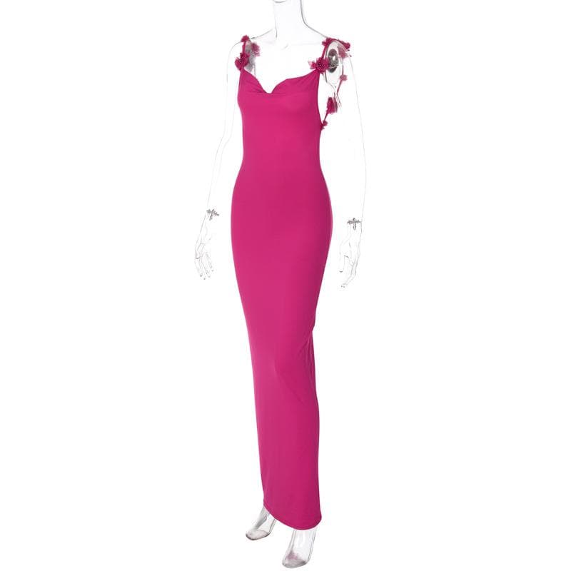 Flower applique cowl neck backless solid maxi dress - View 4