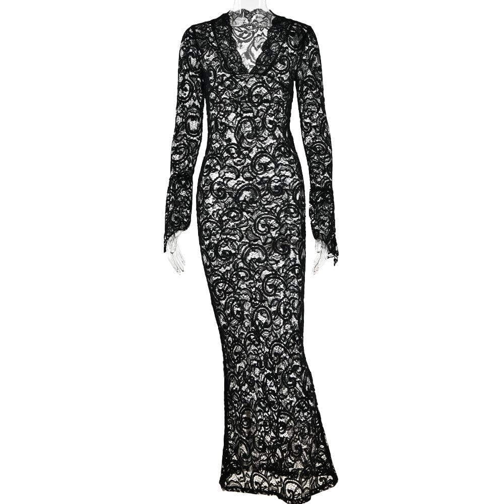 Lace see through long sleeve v neck solid maxi dress - View 12