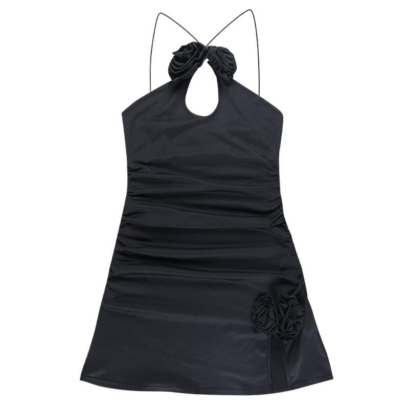 Rosette Appliqué Halter Cut Out Ruched Bodycon Mini Dress - View 2