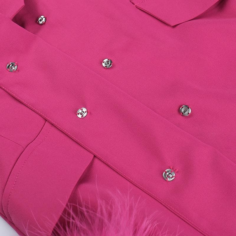 Feather turnover collar long sleeve v neck solid button mini dress - View 9