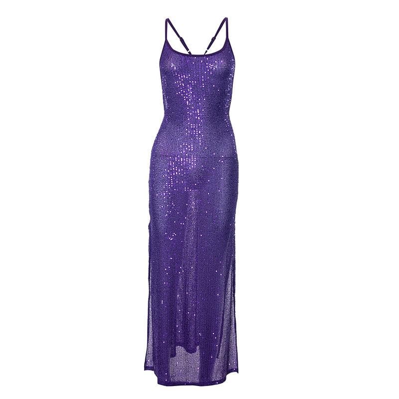 Glitter u neck see through backless cami maxi dress - View 9