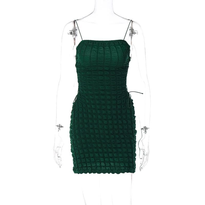 Waffle solid lace up spaghetti strap backless mini dress - View 3