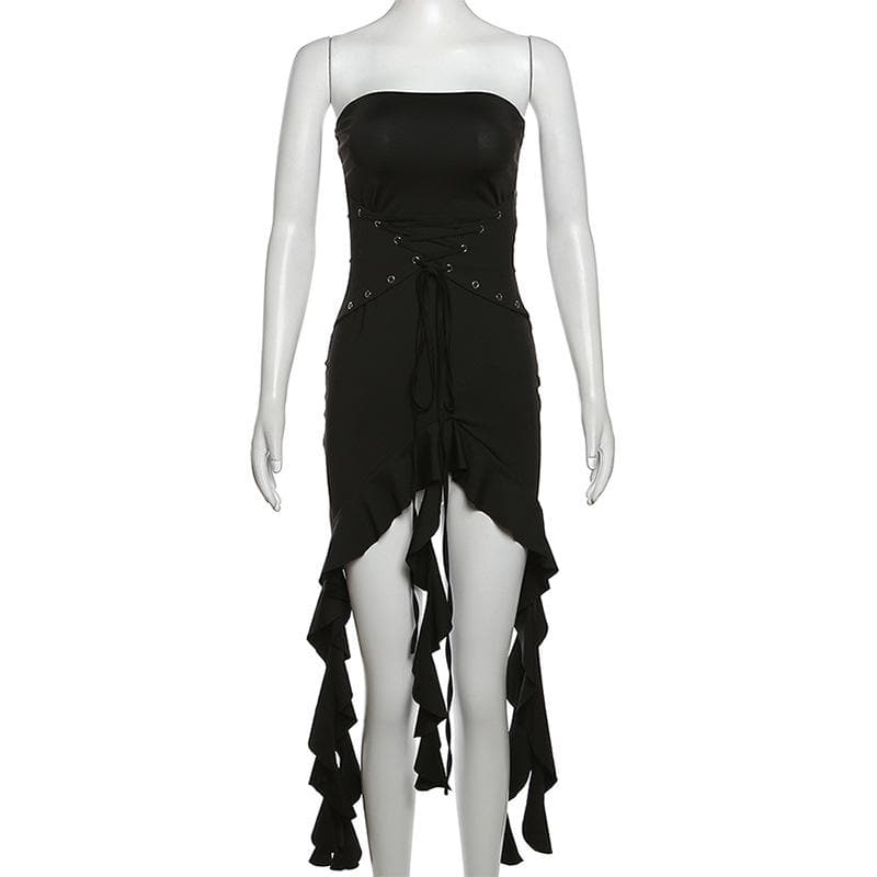 Lace up solid ruffle backless irregular tube mini dress - View 9