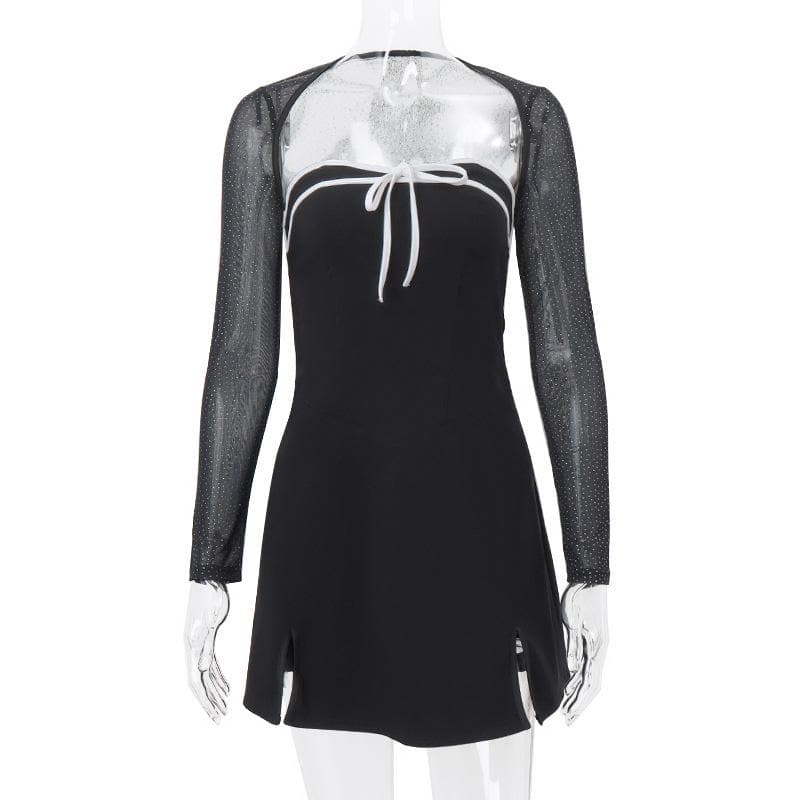 Long sleeve bowknot mesh shrug slit zip-up glitter 2 piece mini dress - View 8