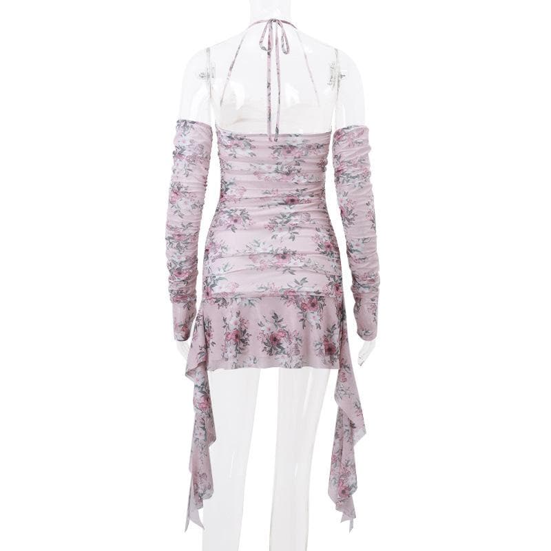 Floral Halter Neck Lace Trim Cut Out Ruched Ruffle Mini Dress - View 4