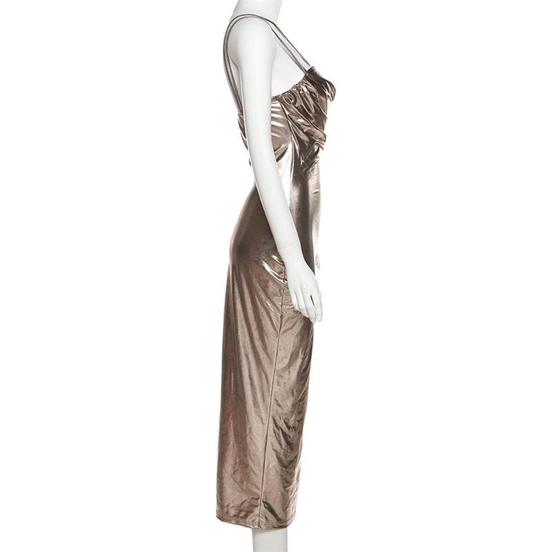 Metallic ruched backless patchwork solid midi dress - View 7