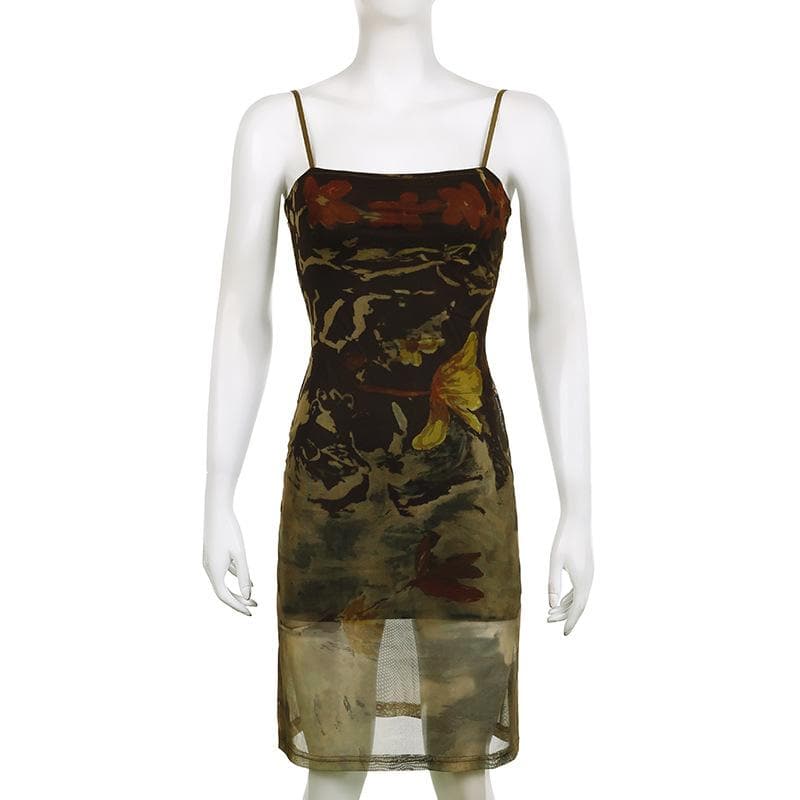 Mesh abstract print square neck contrast cami midi dress - View 9