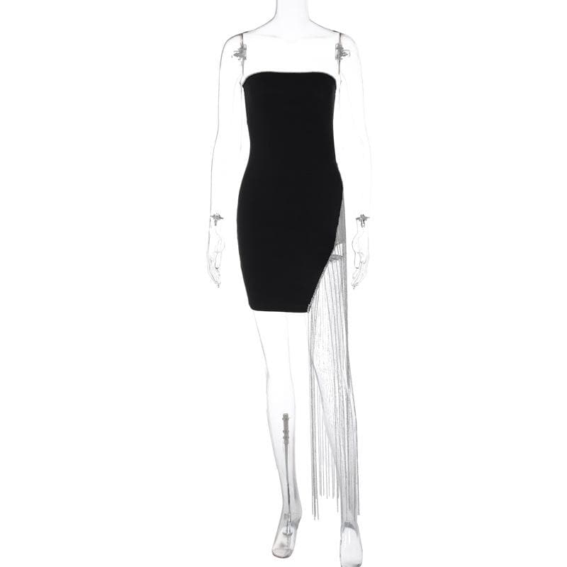 Beaded slit tassels backless patchwork tube mini dress - View 2
