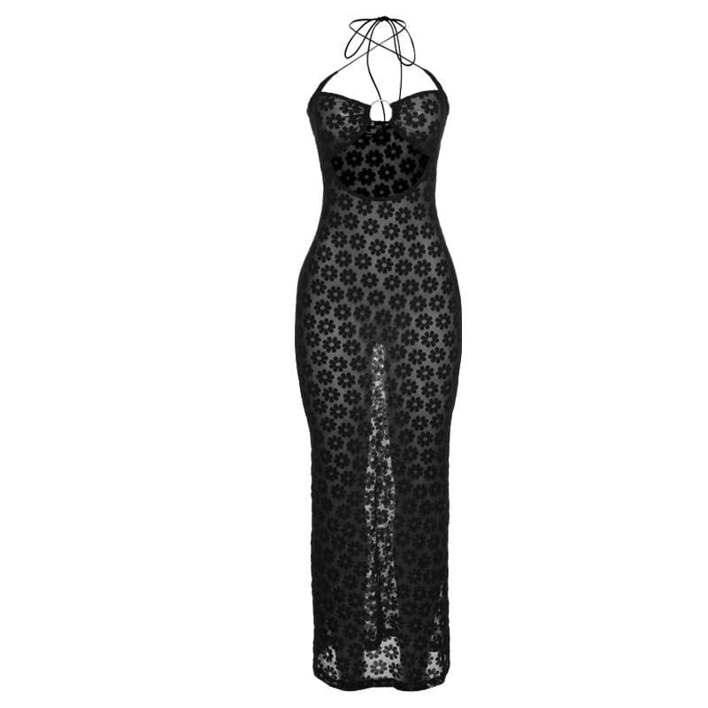 Floral Mesh Halter Neck O Ring Cut Out Bodycon Maxi Dress - View 3