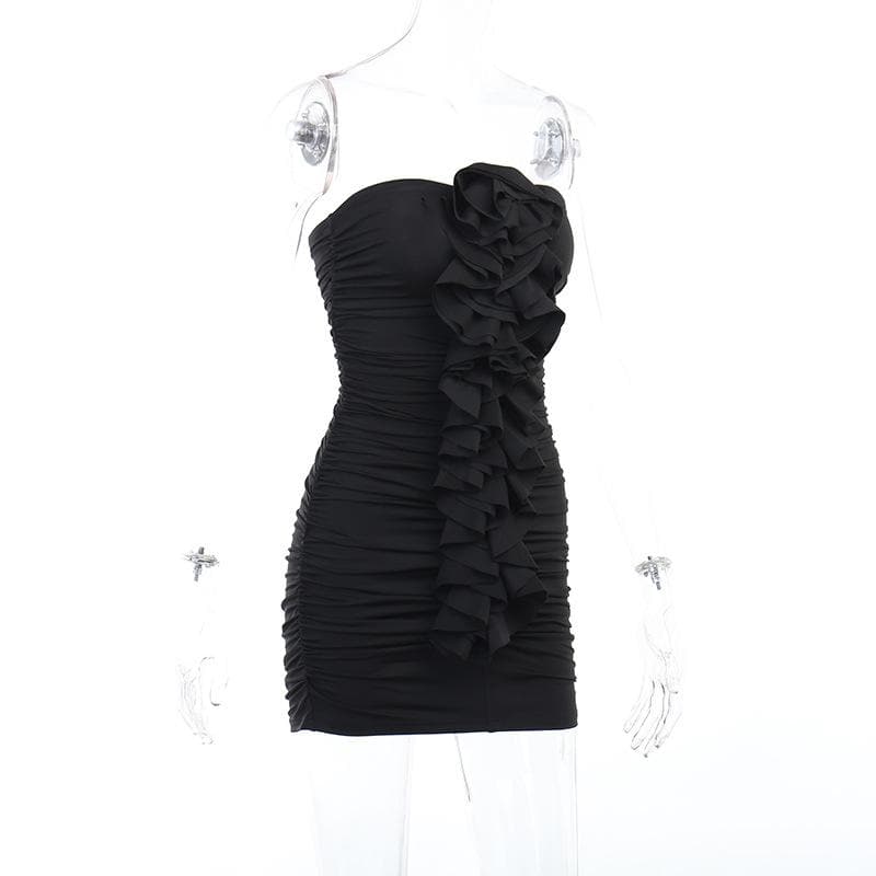 Strapless Ruched Floral Applique Ruffle Bodycon Mini Dress - View 5