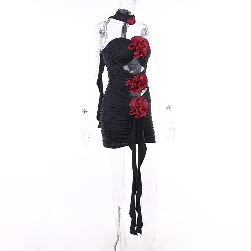 Flower Applique Strapless Cut Out Ruched Bodycon Mini Dress - View 4