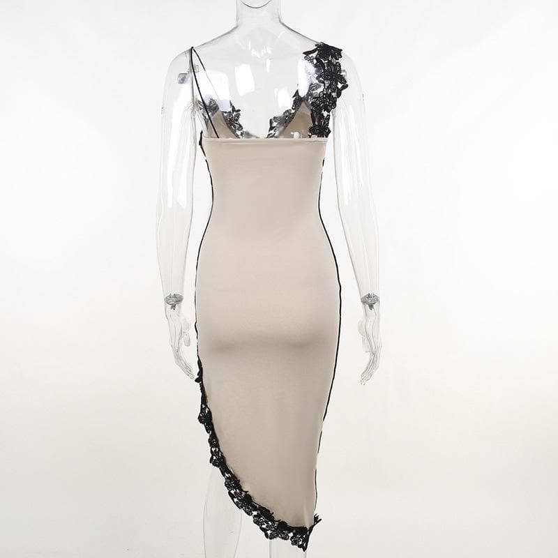 Contrast irregular v neck lace hem stitch mini dress - View 4