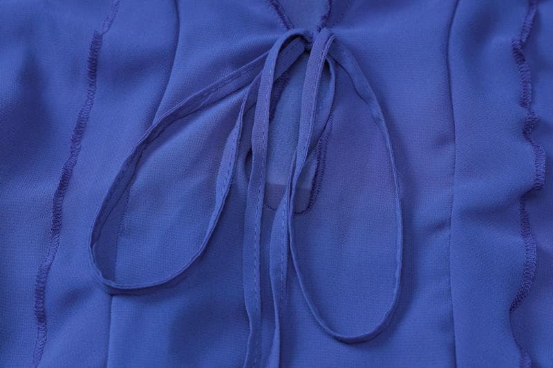 Slit chiffon see through long sleeve v neck self tie maxi dress - View 9