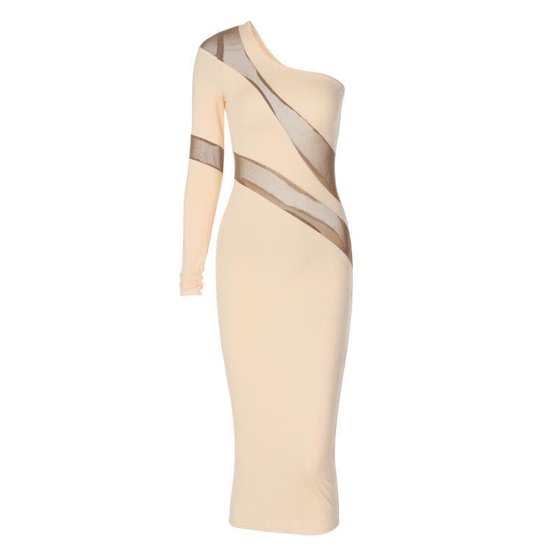 Long sleeve mesh backless one shoulder midi dress - View 3