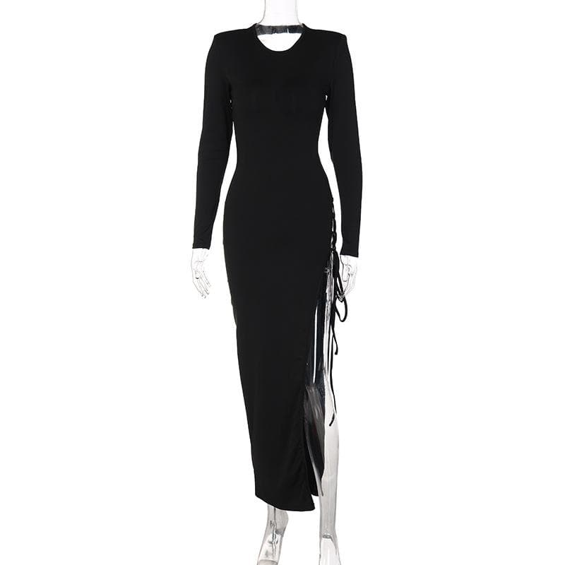 Lace up irregular long sleeve hollow out backless maxi dress - View 2