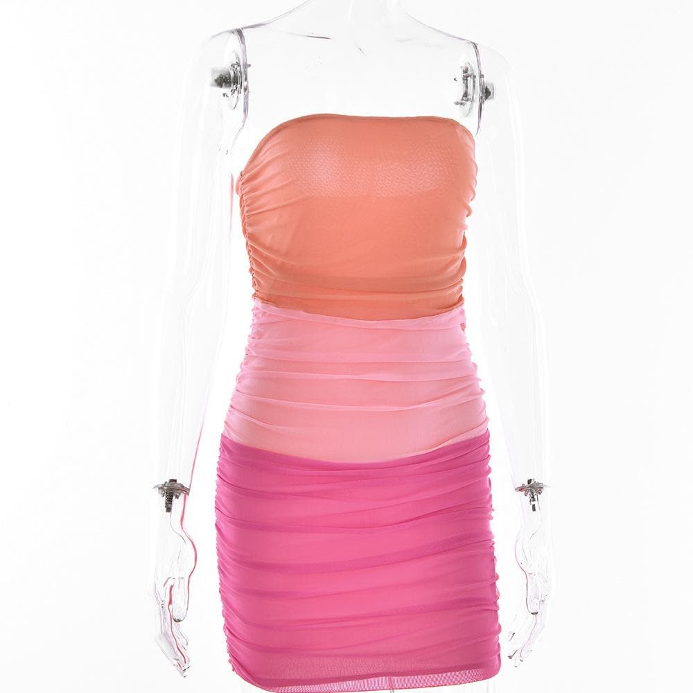 Mesh patchwork contrast ruched tube mini dress - View 3