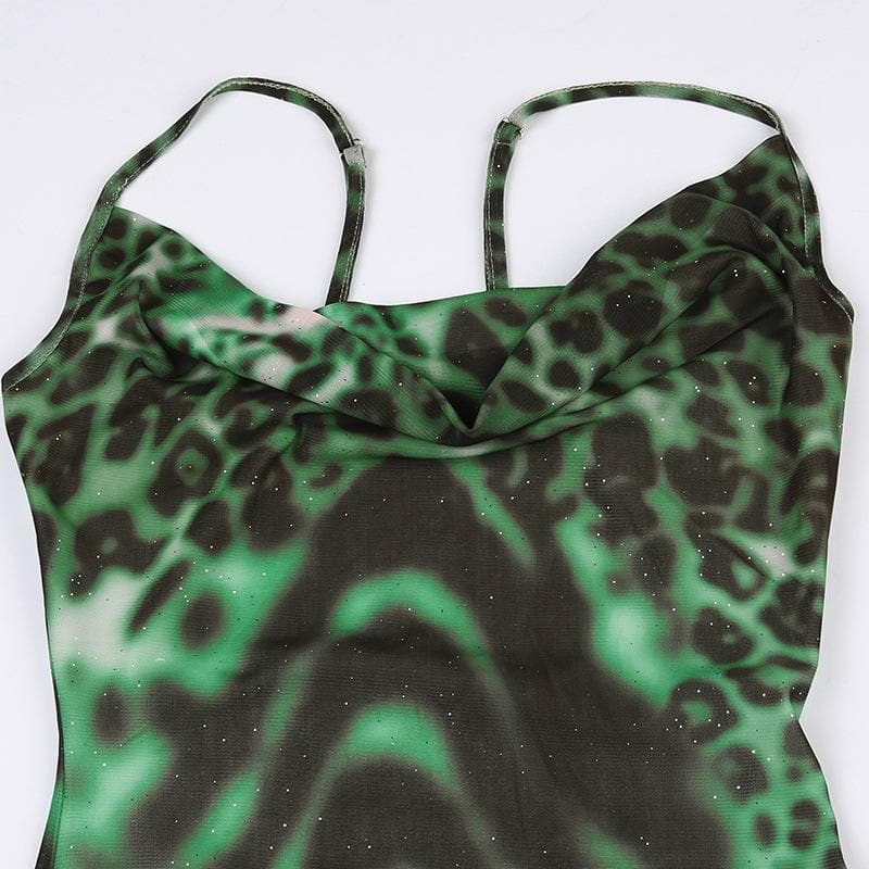 Leopard print cowl neck contrast ruffle backless mesh maxi dress - View 5