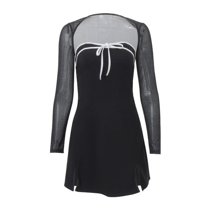 Long sleeve bowknot mesh shrug slit zip-up glitter 2 piece mini dress - View 2