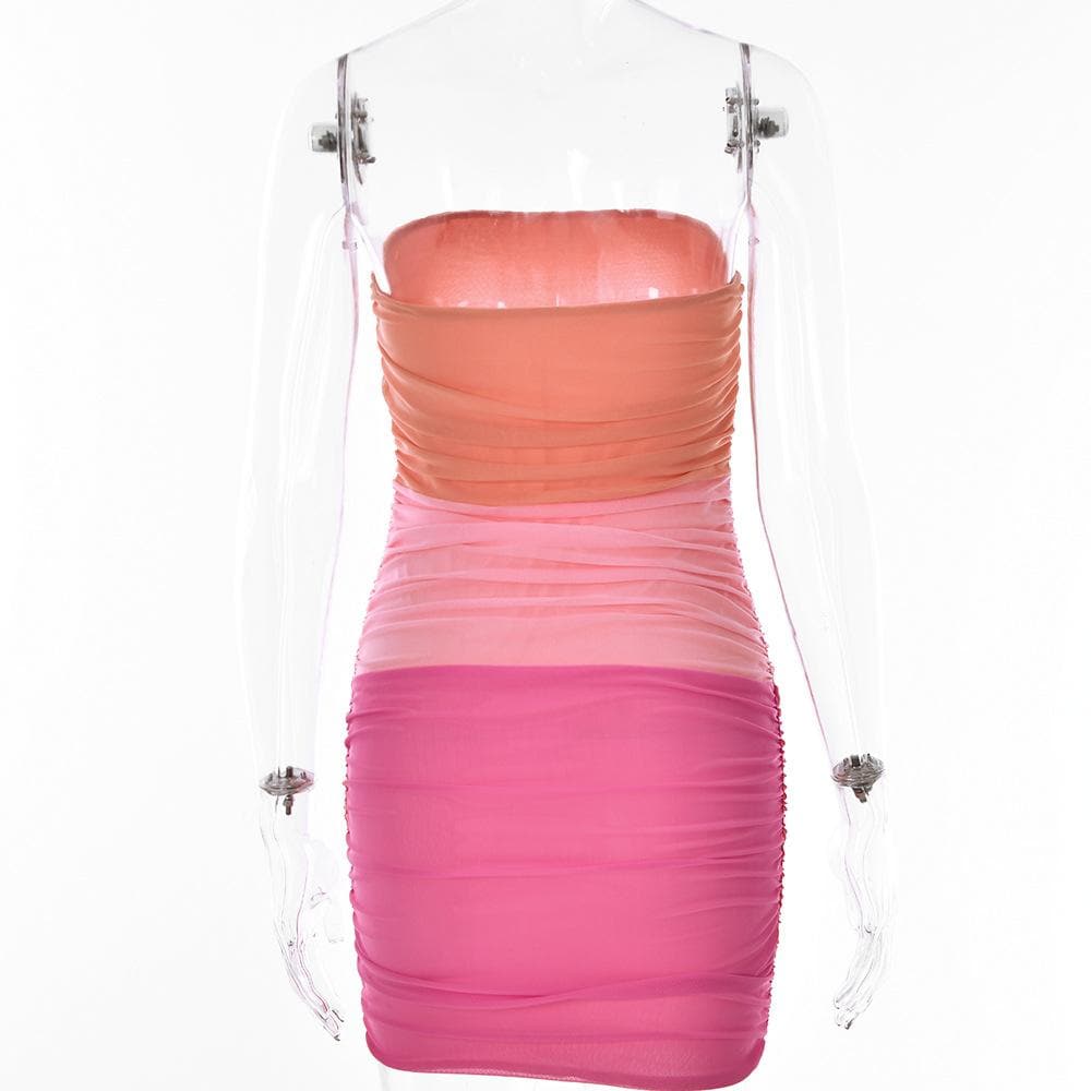 Mesh patchwork contrast ruched tube mini dress - View 4