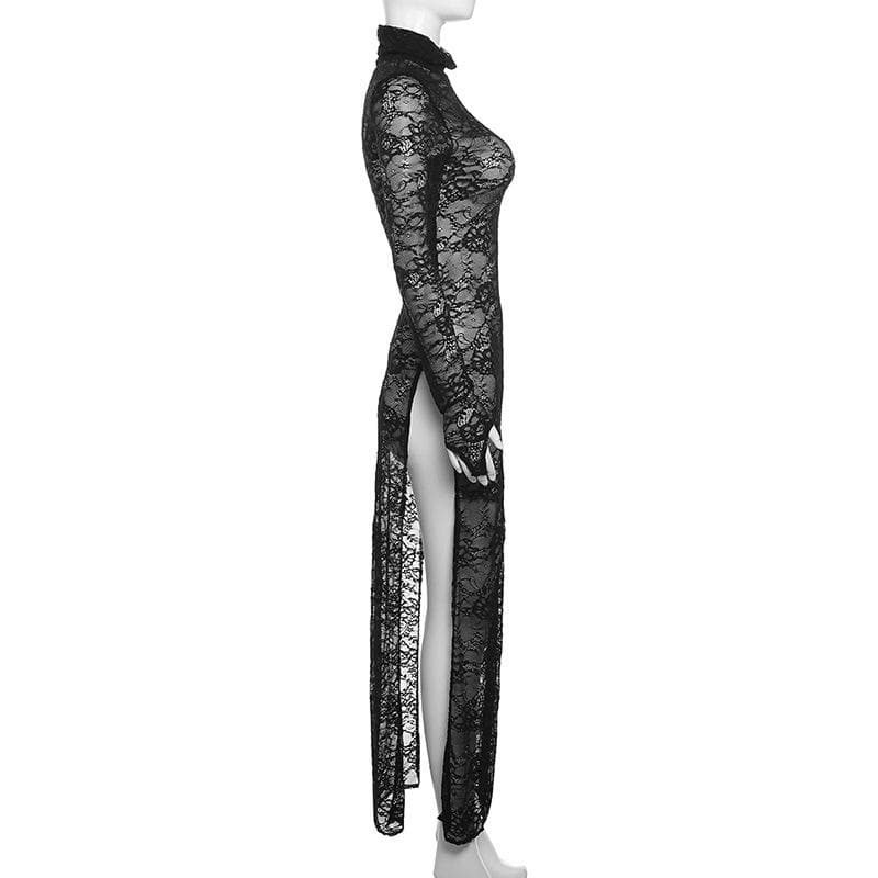 Lace long sleeve turtle neck see through slit gloves maxi dress - View 3